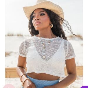 DUNE DREAMS IVORY METALLIC THREAD DETAIL OPEN KNIT SWEATER T-SHIRT